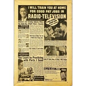 National Radio Institute "Train at Home: Radio-Television Job" Vtg Print Ad 1954